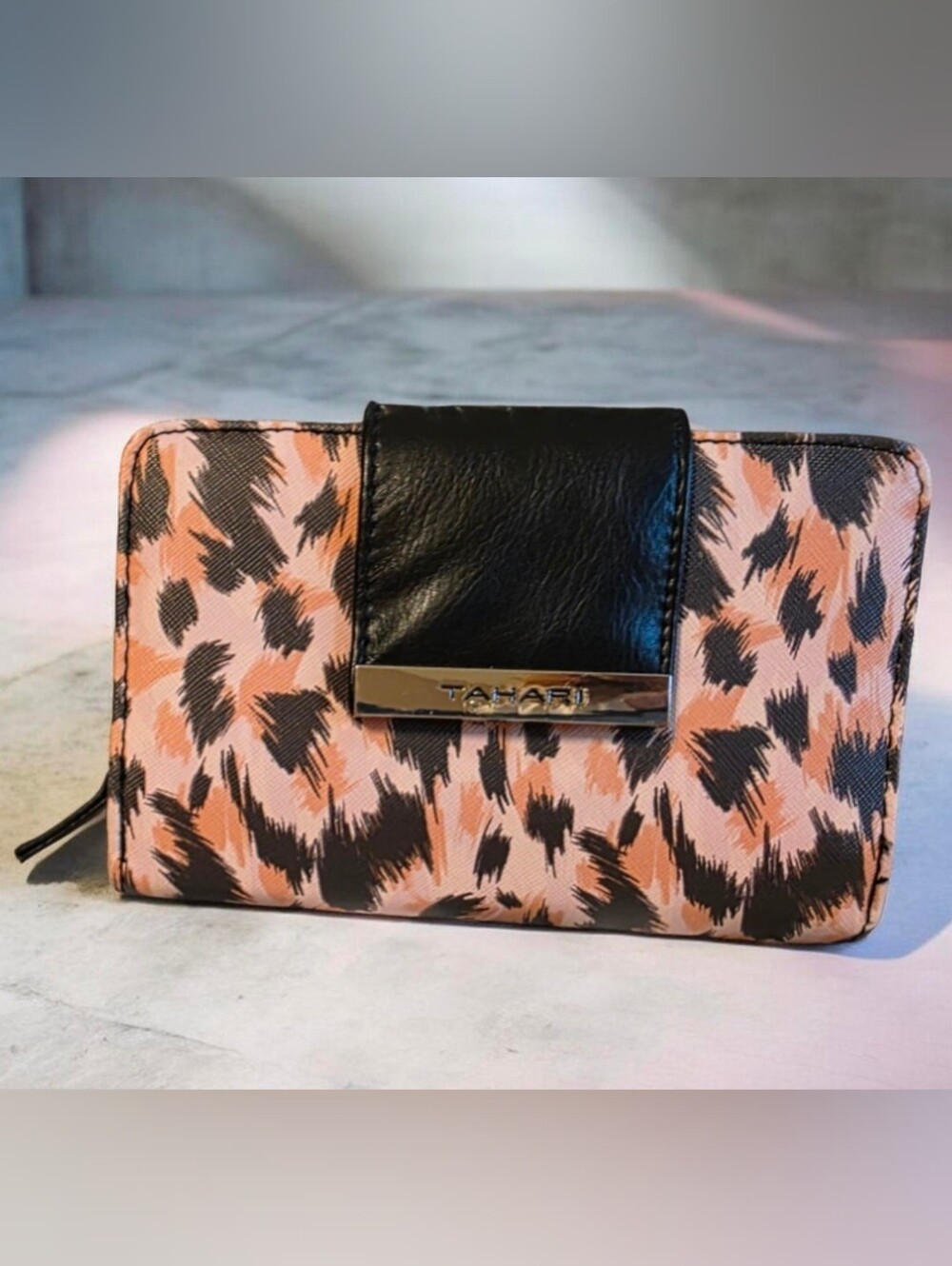 Tahari Pink Leopard Print Wallet with Black Accent